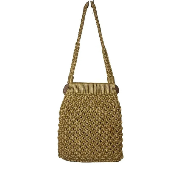 Macrame Crochet Beaded Bohemian Brown Shoulder Purse - Picture 2 of 4